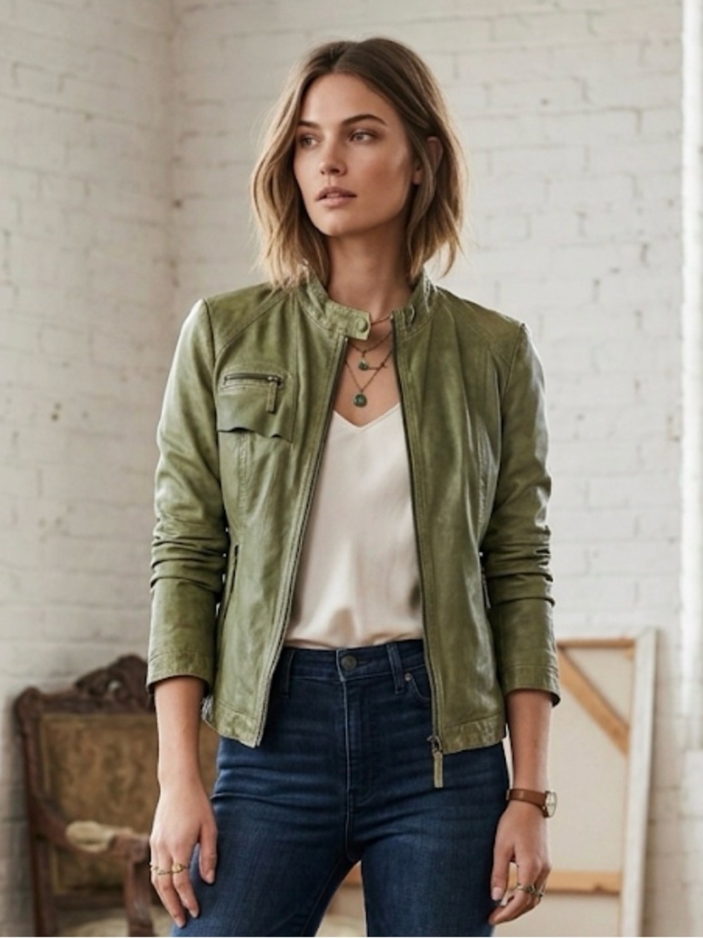 GMS 75 Vintage Distressed Sage Green Leather Motorcycle Jacket Iridescent Liner